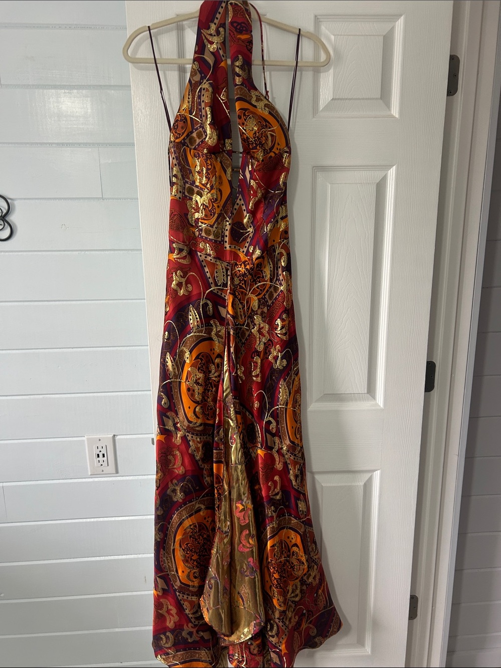 Nicole Miller One-Shoulder Printed Maxi Dress in Red, Gold & Orange